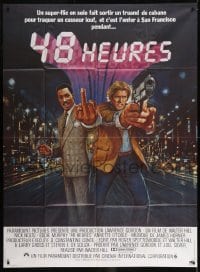4j670 48 HRS. French 1p 1983 different art of Eddie Murphy giving the finger & Nick Nolte w/gun!