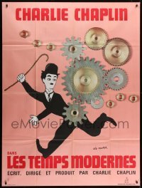 4j870 MODERN TIMES French 1p R1970s Leo Kouper art of Charlie Chaplin running by giant gears!