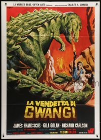 4j498 VALLEY OF GWANGI Italian 1p 1969 cool different art of man & woman w/dinosaur by Franco!