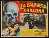 4j622 SCREAMING SKULL Mexican LC 1958 guy holding skull, border art of huge skull & sexy girl!