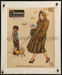 4j127 JUEVES DE EXCELSIOR linen Mexican magazine cover 1950s Freyre art of woman in fur coat w/dog!