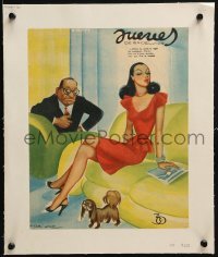 4j124 JUEVES DE EXCELSIOR linen Mexican magazine cover 1950s Freyre art of sexy girl on green couch!
