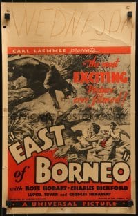 4j266 EAST OF BORNEO WC 1932 art of Charles Bickford running from wild animals in the tropics!