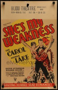 4j339 SHE'S MY WEAKNESS WC 1930 great deco art of Sue Carol & Arthur Lake in a rumble-seat romance!