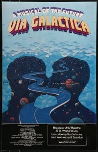4j240 VIA GALACTICA stage play WC 1972 cool surreal art by Roger Hane, A Musical of the Future!