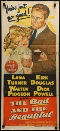 4k678 BAD & THE BEAUTIFUL Aust daybill 1953 great art of Kirk Douglas roughing up sexy Lana Turner!