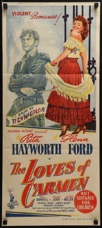 4k841 LOVES OF CARMEN Aust daybill 1948 romantic art up of sexy Rita Hayworth & Glenn Ford!