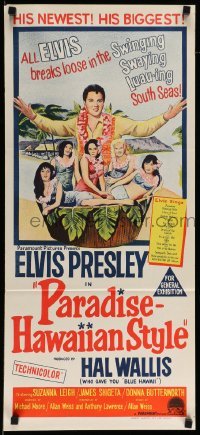 4k872 PARADISE - HAWAIIAN STYLE Aust daybill 1966 art of Elvis Presley& beach babes!