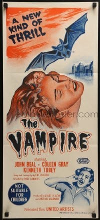 4k983 VAMPIRE Aust daybill 1957 John Beal, it claws, it drains blood, cool art of monster & victim!