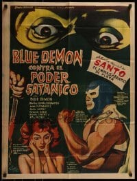 4k071 BLUE DEMON CONTRA EL PODER SATANICO Mexican poster 1966 Riizo art of masked luchador wrestler!