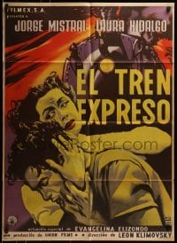4k076 EL TREN EXPRESO Mexican poster 1955 Jorge Mistral, Laura Hidalgo, cool train artwork!