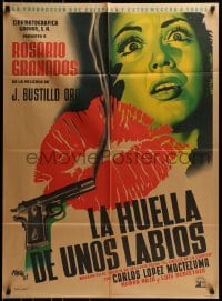 4k080 LA HUELLA DE UNOS LABIOS Mexican poster 1952 art of smoking gun, lips & scared girl by Renau!