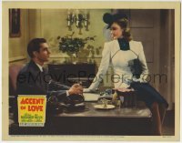 4p008 ACCENT ON LOVE LC 1941 George Montgomery stares at sexy Osa Massen sitting on his desk!
