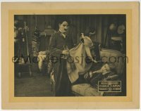 4p070 BEHIND THE SCREEN LC R1920s Charlie Chaplin stares at Edna Purviance sleeping on couch, rare!