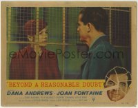 4p077 BEYOND A REASONABLE DOUBT LC #2 1956 Fritz Lang noir, c/u of Dana Andrews & Joan Fontaine!