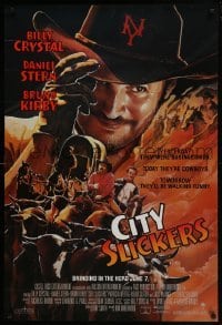 4r666 CITY SLICKERS advance 1sh 1991 great artwork of cowboys Billy Crystal & Daniel Stern!