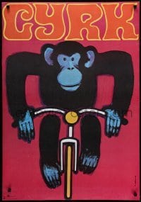 4r161 CYRK 27x38 Polish commercial poster 1980 circus, Gorka art of monkey on bicycle!