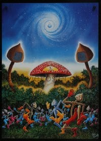 4r583 PETE LOVEDAY 24x34 English commercial poster 2000 wild art of happy mushrooms dancing!