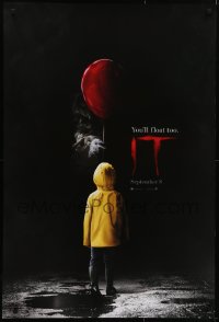 4r765 IT teaser DS 1sh 2017 creepy image of Pennywise handing child balloon, you'll float too!