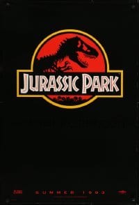 4r774 JURASSIC PARK teaser 1sh 1993 Steven Spielberg, classic logo with T-Rex over red background