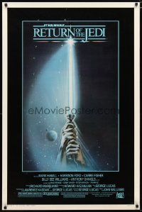 4r889 RETURN OF THE JEDI 1sh 1983 George Lucas, art of hands holding lightsaber by Tim Reamer!