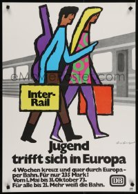 4r127 INTERRAIL 23x33 German travel poster 1972 couple entering train, Guy Georget artwork!