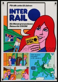 4r117 INTERRAIL 23x33 French travel poster 1976 couple entering train, Moreno artwork!
