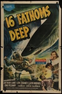 4s206 16 FATHOMS DEEP 1sh 1948 Lon Chaney Jr, great dramatic art of deep sea diver vs killer shark!
