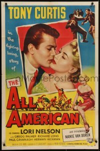 4s228 ALL AMERICAN 1sh 1953 Tony Curtis kissing sexy Mamie Van Doren in her first movie, football!