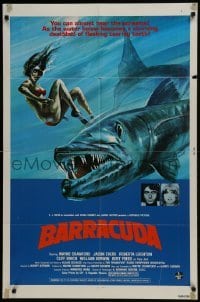 4s250 BARRACUDA 1sh 1978 great colorful artwork of huge killer fish attacking sexy diver in bikini!