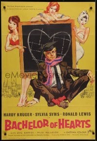 4s006 BACHELOR OF HEARTS English 1sh 1958 Hardy Kruger, Sylvia Syms, great artwork of sexy girls!