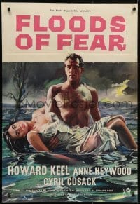 4s019 FLOODS OF FEAR English 1sh 1959 art of barechested Howard Keel holding sexy Anne Heywood!