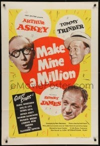 4s036 MAKE MINE A MILLION English 1sh 1959 Lance Comfort, Arthur Askey, Sabrina, English comedy!