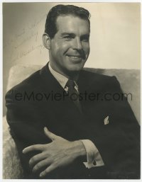 4t126 FRED MACMURRAY signed deluxe 10.25x13 still 1940s smiling portrait in suit & tie by Bachrach!