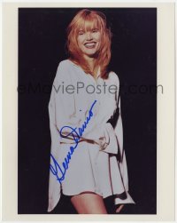 4t816 GEENA DAVIS signed color 8x10 REPRO still 2000s smiling & wearing only a man's shirt!