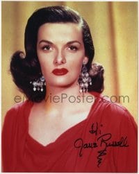 4t843 JANE RUSSELL signed color 8x10 REPRO still 1990s wonderful portrait in red gown & jewelry!