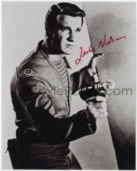 4t883 LESLIE NIELSEN signed 8x10 REPRO still 1990s great c/u with ray gun from Forbidden Planet!