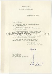 4t176 FRANK CAPRA signed 7x11 letter 1977 complimenting David Mallery on his St. Francis soul!