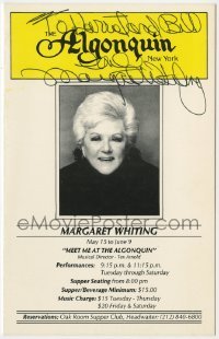 4t368 MARGARET WHITING signed 5x8 menu 1990 when she appeared at the Algonquin in New York!