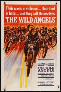 4t166 WILD ANGELS signed 1sh 1966 by Peter Fonda, art of him & sexy Nancy Sinatra on motorcycle!