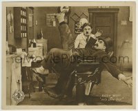 4x456 HIS DAY OUT 8x10 LC 1918 Chaplin-like barber Billy West leaning Oliver Hardy back too far!