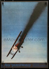 4y714 ACES HIGH Polish 19x26 1977 Malcolm McDowell, WWI airplane crashing art by Wasilewski!
