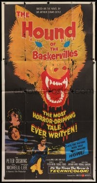 5a560 HOUND OF THE BASKERVILLES 3sh 1959 Cushing as Sherlock, great blood-dripping dog art!