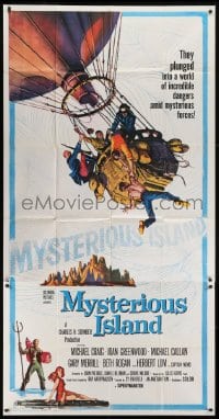 5a592 MYSTERIOUS ISLAND 3sh 1961 Ray Harryhausen, Jules Verne sci-fi, cool hot-air balloon image!