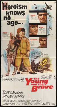 5a695 YOUNG & THE BRAVE 3sh 1963 Rory Calhoun, William Bendix, art of heroic boy & German Shepherd!