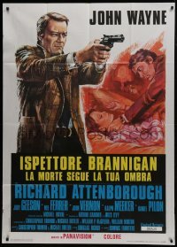 5a728 BRANNIGAN Italian 1p 1975 different art of detective John Wayne in England with gun!