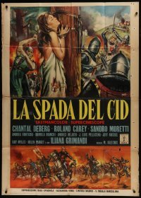 5a948 SWORD OF EL CID Italian 1p 1962 art of medieval battle & sexy girl whipped by Mos!