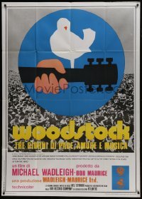 5a992 WOODSTOCK Italian 1p 1970 classic rock & roll concert, great Arnold Skolnick art over crowd!