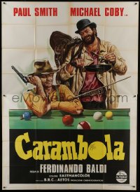 5a310 CARAMBOLA Italian 2p 1974 wonderful spaghetti western art of cowboys sitting at pool table!