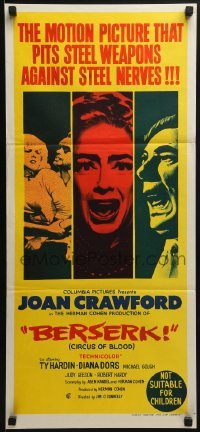 5c561 BERSERK Aust daybill 1967 crazy Joan Crawford, sexy Diana Dors, Judy Geeson!